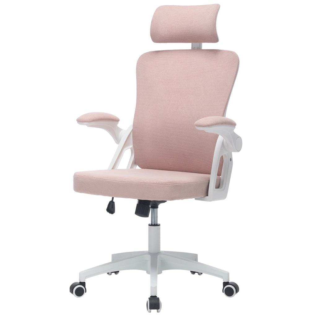 Sedia da ufficio ergonomica rosa con schienale in rete e braccioli regolabili