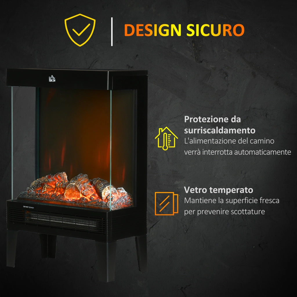 EasyComfort Camino Elettrico 1000W / 2000W con Fiamma LED Realistica e Controllo Temperatura, 40.5x20x62 cm, Nero