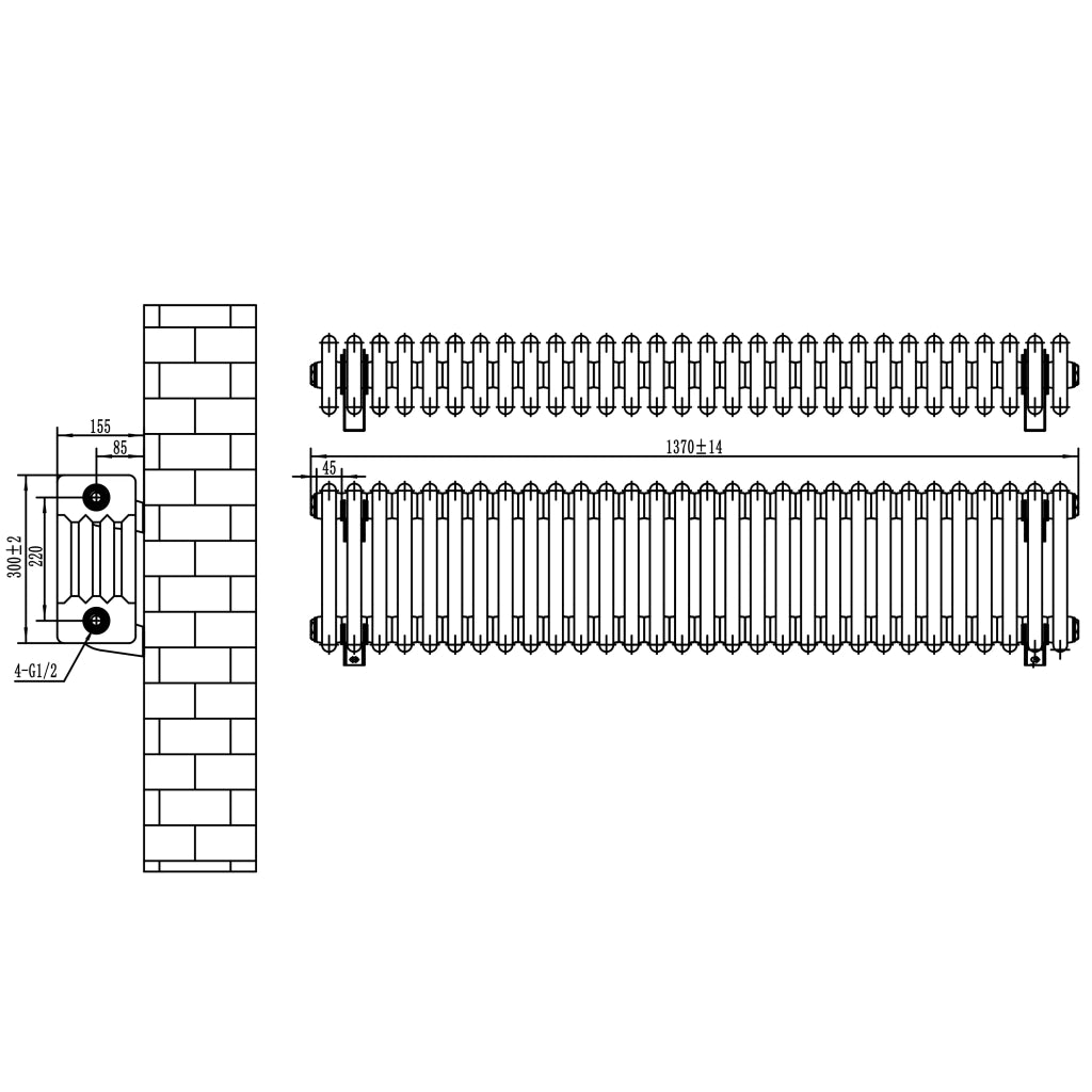 Radiatore Tradizionale 4 Colonne Orizzontale Bianco 300 x 1370 mm