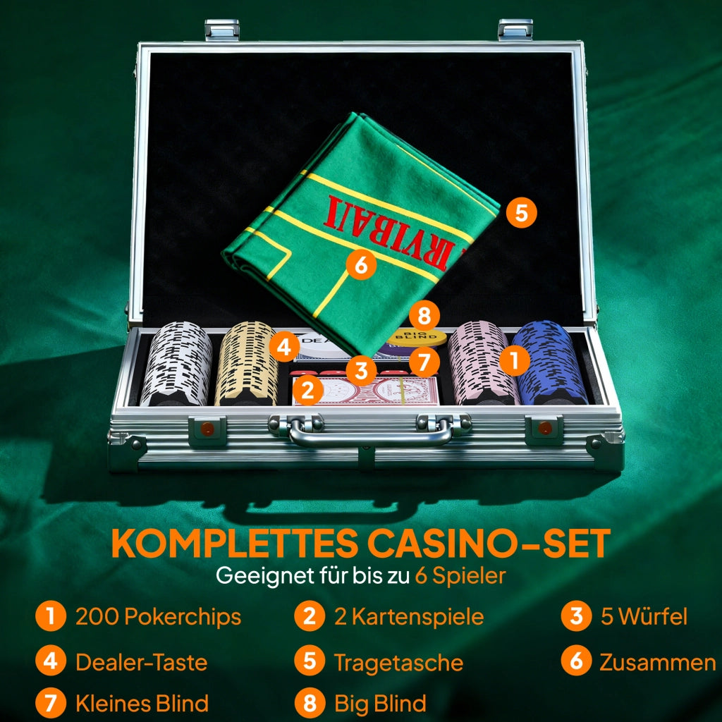 Set di Poker in Valigetta con Dadi, Pulsante Dealer e 2 Mazzi di Carte ¨C zephmum ¨C Argento