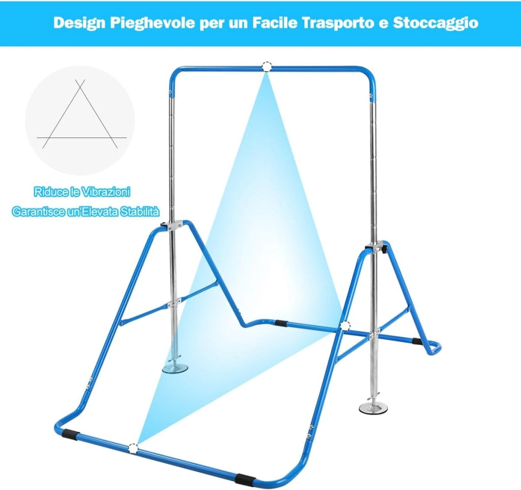 COSTWAY Sbarra Ginnastica Artistica Pieghevole con Struttura Triangolare e 4 Cuscinetti Antiscivolo, Altezza Regolabile in 4 Posizioni da 90 a 142 cm, Barra per Ginnastica per Bambini
