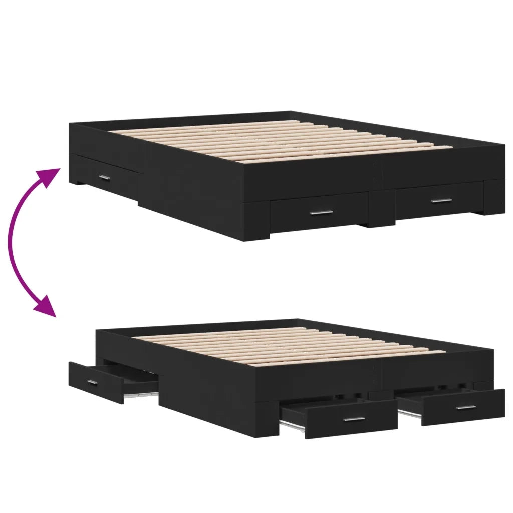 Letto matrimoniale | Letto per adulti | Giroletto con Cassetti Nero 140x190 cm in Legno Multistrato