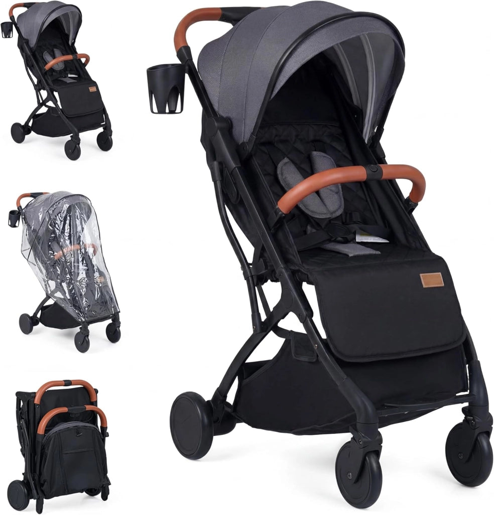 Passeggino Leggero per Bambini e Neonati, Passeggino Pieghevole e Portatile con Ruote, Schienale Regolabile, Tettuccio, Cintura di Sicurezza, Cesto e Copertura Antipioggia (Rosa)