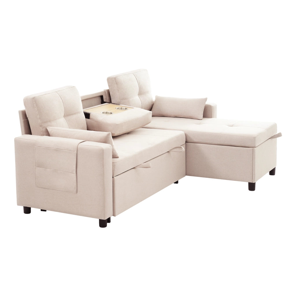 Divano letto angolare modulare 3-4 posti con vano contenitore; tasca e portabicchieri in lino beige 211 Ã— 136 Ã— 87 cm