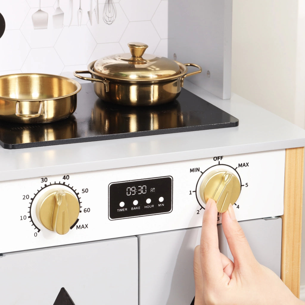 Cucina giocattolo per bambini con rubinetto, fornello, lavello, armadietto e spazio in MDF grigio 28.5 × 60 × 92 cm