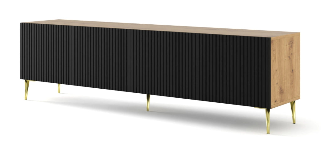 MOBILE RAVENNA B PORTA TV IN MDF RIVESTITO IN LEGNO 4D 200 GAMBE IN ROVERE ARTIGIANALE NERO OPACO ORO