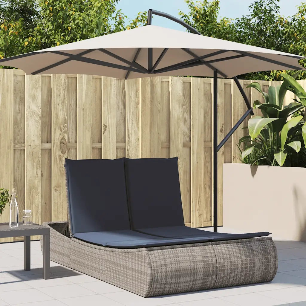 Lettino Prendisole Doppio con Cuscini Grigio in Polyrattan 368097