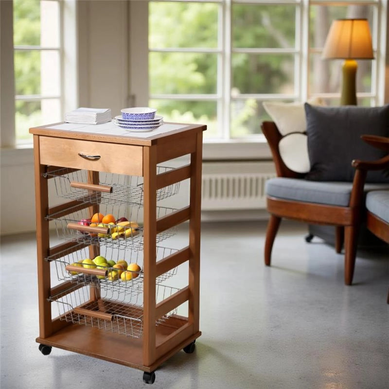 CARRELLO VESUVIO CON CASSETTO ROVERE IN FAGGIO BASE INFERIORE MULTISTRATO DI BETULLA 1 CASSETO 4 CESTELLI PIANO MATTONELLE IN CERAMICA
