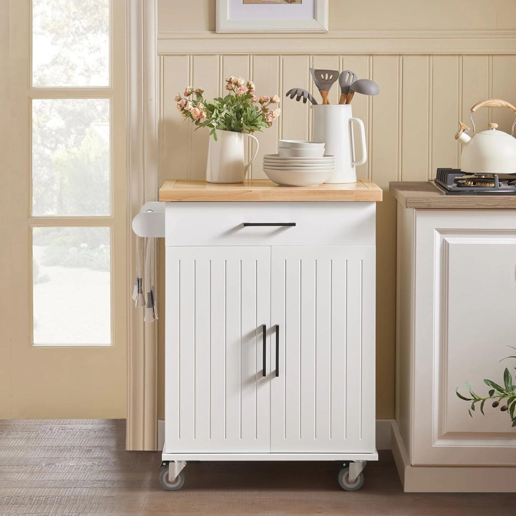Carrello cucina con ruote, piano in legno di gomma, mobile cucina salvaspazio in MDF, isola cucina moderna – Ideale per cucina, sala da pranzo o ristorazione – 74x91x46 cm, FKW119-WN
