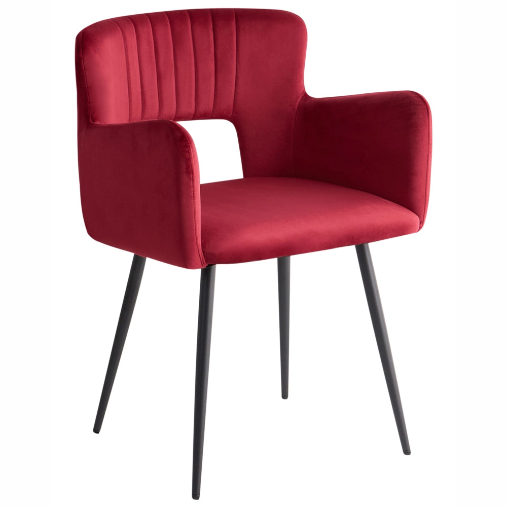 Set di 2 sedie da pranzo velluto rosso scuro braccioli schienale intagliato gambe in metallo moderna industriale