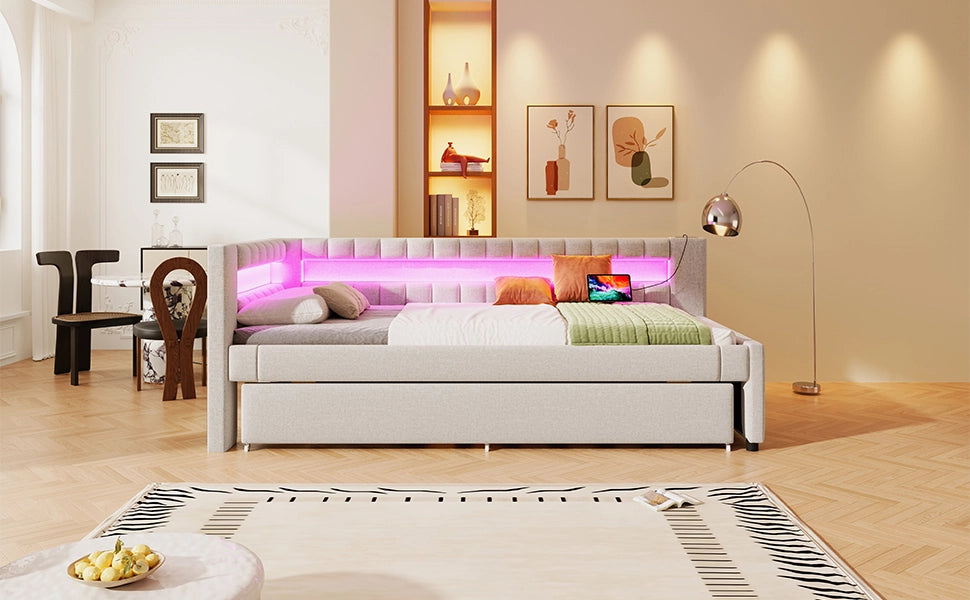 Letto singolo estraibile 90 × 200 cm in lino e MDF beige con LED USB e porta Type-C