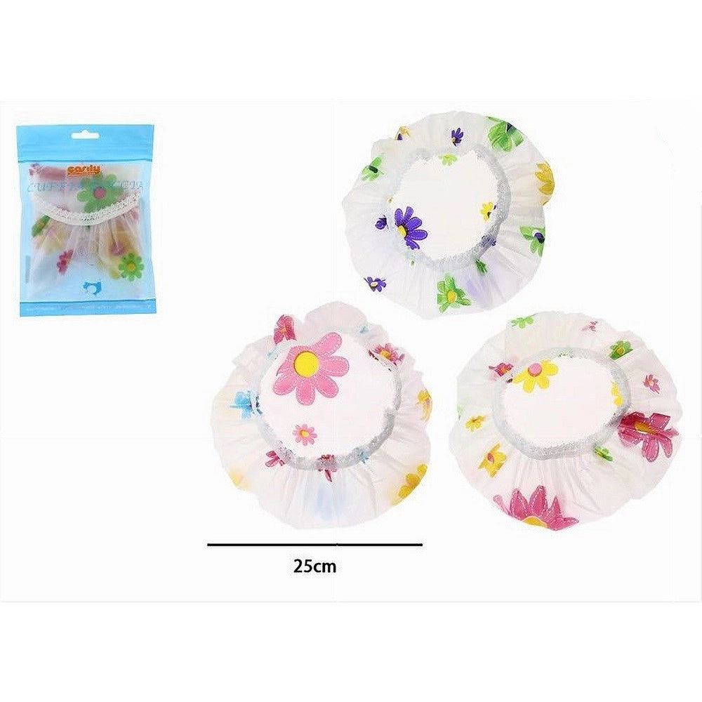 Trade Shop - Set 3pz Cuffia Per Doccia Bagno Elastico Fantasia Floreale Protegge Capelli 87176 -