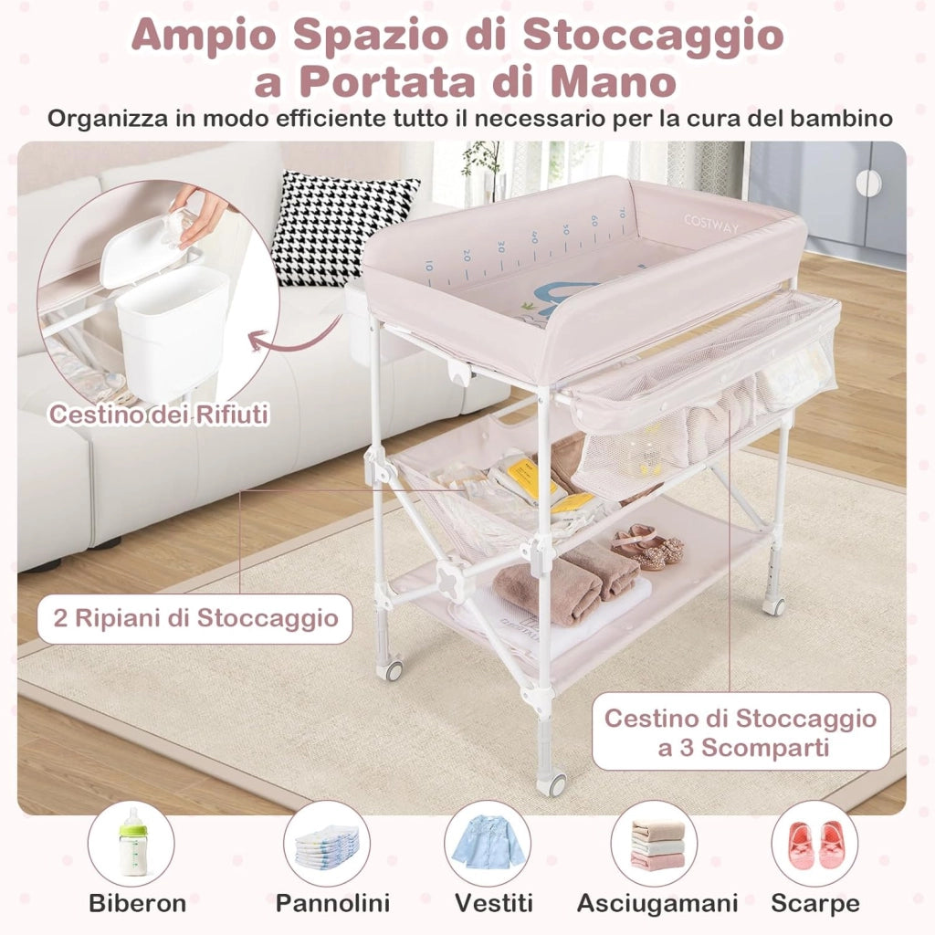 Fasciatoio Pieghevole Neonato, Fasciatoio Portatile con Altezza Regolabile, Comodino per Pannolini con Ruote di Bloccabili, 2 Ripiani, Porta Asciugamani, Cestino di Rifiuti (Beige)