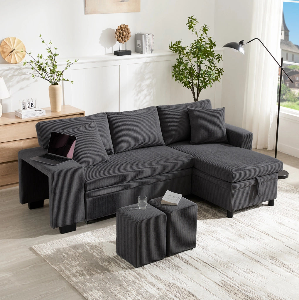 Divano letto angolare 3-4 posti in velluto a coste grigio con contenitore; USB e Type-C