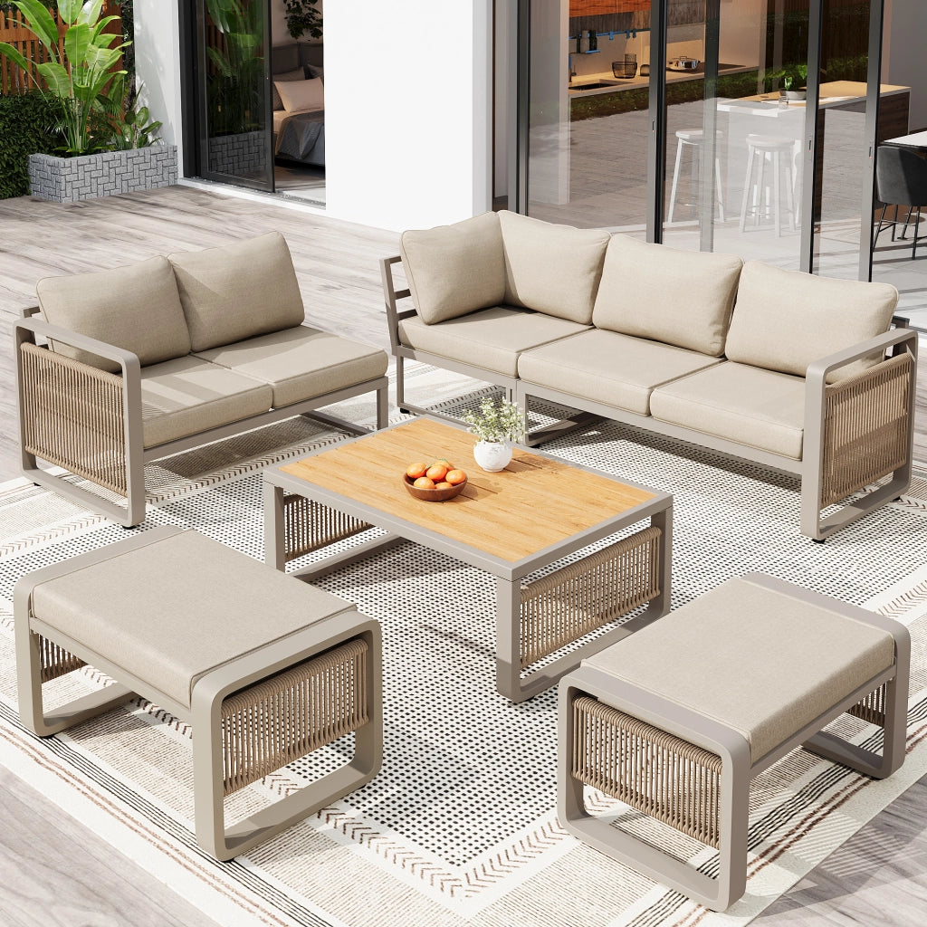 Set poltrone per mobili da giardino set per 6-7 persone divano da giardino in corda intrecciata a mano set d'angolo e poltrona impermeabile in ferro con cuscini morbidi per sedile e schienale piedi regolabili beige