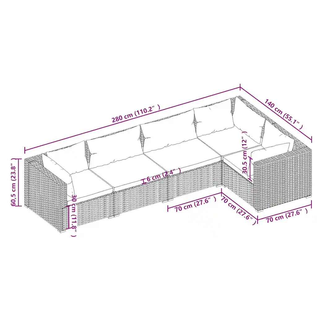 Set Divani da Giardino 5 pz con Cuscini in Polyrattan Marrone cod mxl 38906