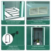 Casetta da Giardino Porta Utensili in Lamiera di Acciaio, Capanno da Giardino in Acciaio con Base e Porte Scorrevoli, 258x206x178cm, Verde