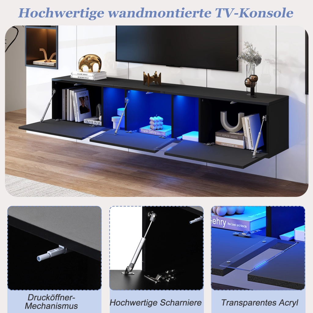 Mobile porta TV sospeso con LED e 3 ante, 5 vani contenitore, per soggiorno, in truciolare, nero, 180 × 35 × 30 cm