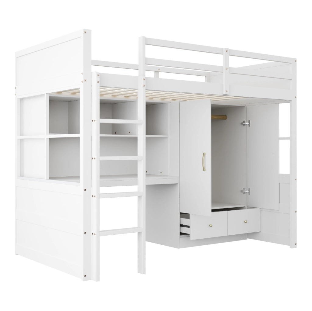 Letto a soppalco 90x200 cm in legno bianco con scala; scrivania; guardaroba e cassetti