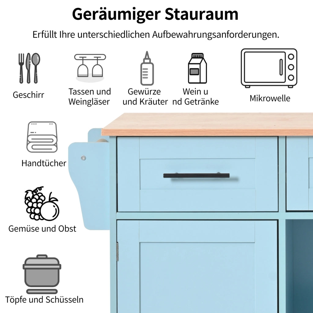 Carrello cucina con piano pieghevole e ruote blu 139 cm