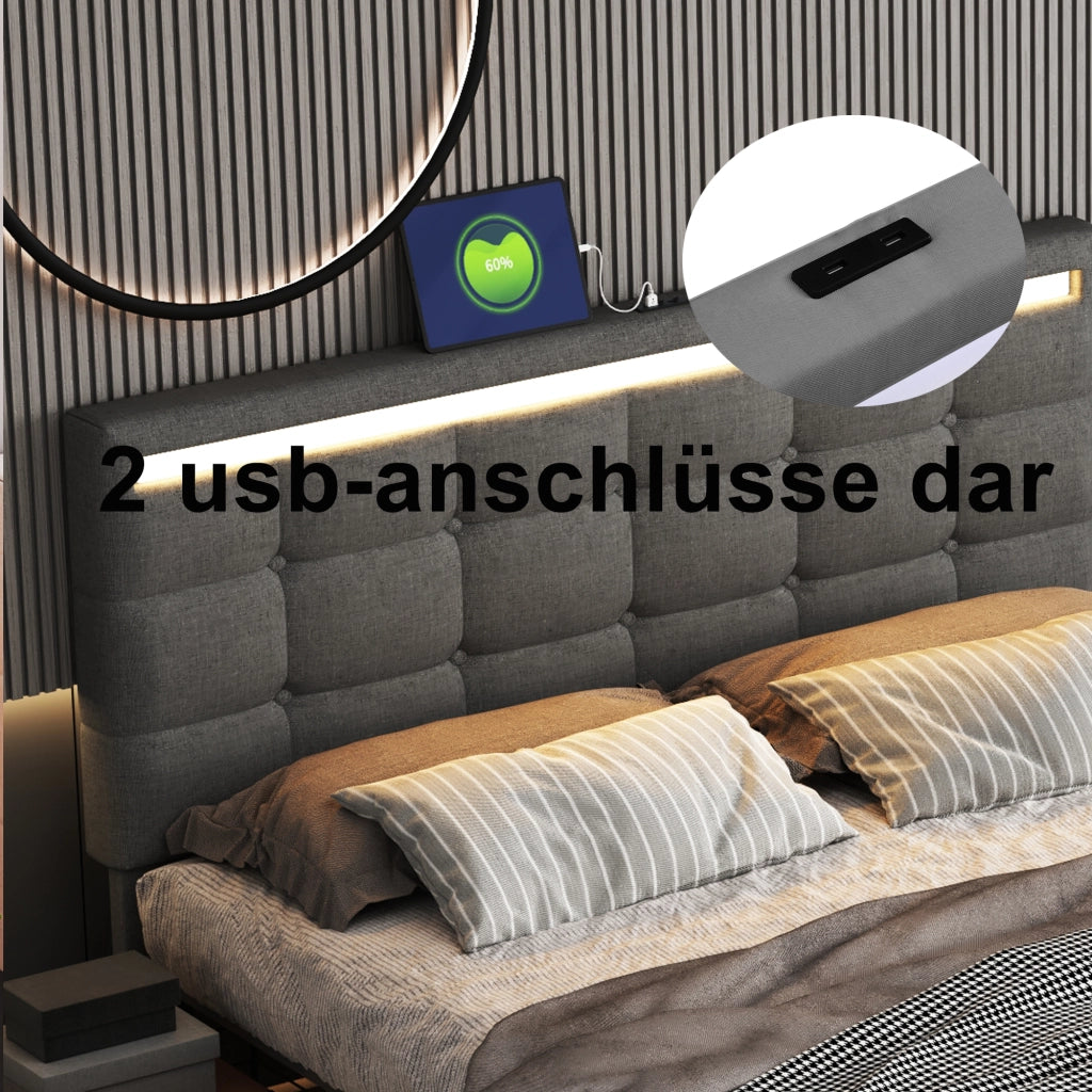 OKWISH Letto con Cassetti 140×200 cm, Letto Matrimoniale con 4 Cassetti, USB, LED Regolabile e Sync Musica, senza Materasso, Grigio
