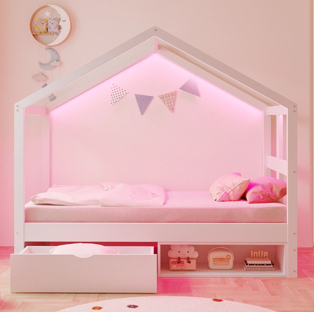 Letto a casetta 90x190 cm con cassetto; scarpiera e LED multicolore; bianco