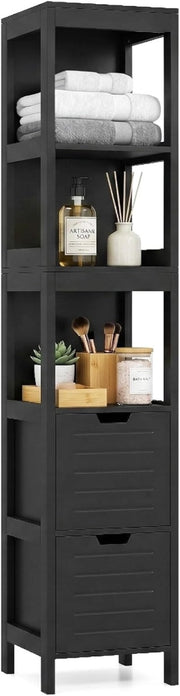 Mobiletto Alto e Stretto Salvaspazio, Mobile da Bagno con 2 Cassetti e 3 Ripiani, Mobiletto in Legno per Camera da Letto, Soggiorno e Ingresso, 30,5 x 30,5 x 145 cm (Nero)