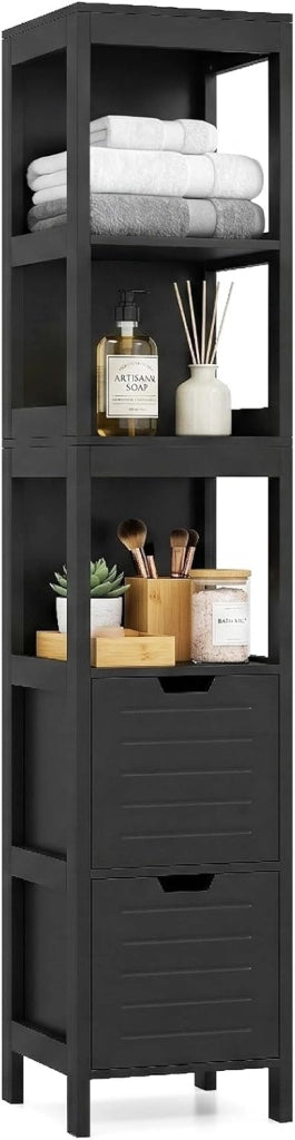 Mobiletto Alto e Stretto Salvaspazio, Mobile da Bagno con 2 Cassetti e 3 Ripiani, Mobiletto in Legno per Camera da Letto, Soggiorno e Ingresso, 30,5 x 30,5 x 145 cm (Nero)