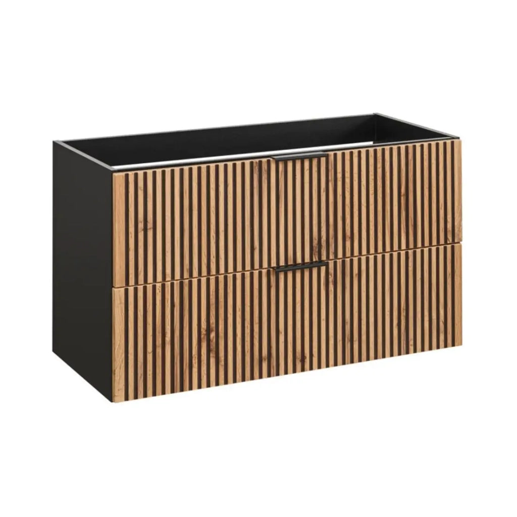 Mobile sottolavabo KINOKO – 2 cassetti – Finitura doghe di legno naturale e nero – L100 × P46 × H57 cm – Da appendere