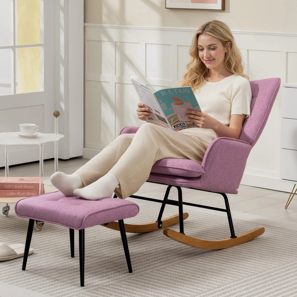 Sedia a dondolo con poggiapiedi e cuscino imbottito ¨C zephmum ¨C rosa, legno