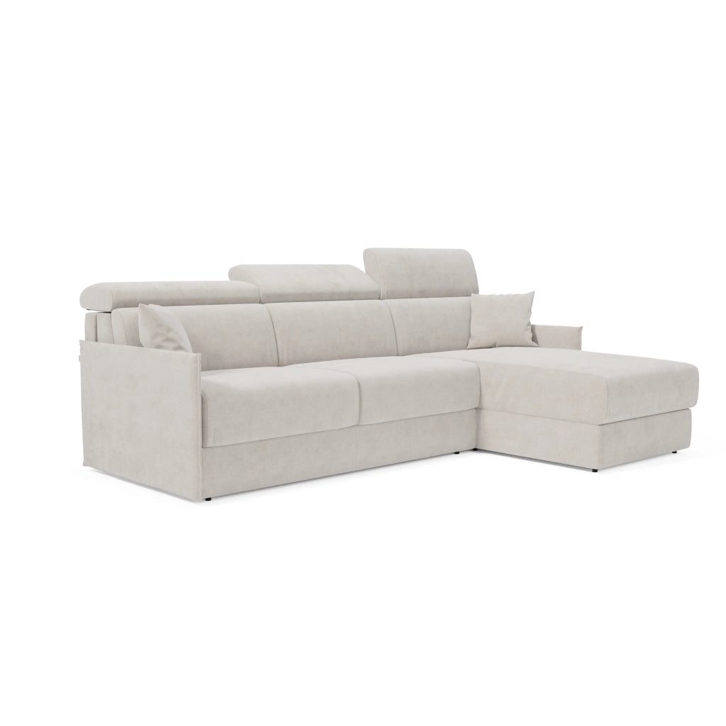 Miryam divano letto angolare compatto - poggiatesta reclinabili e penisola contenitore in tessuto smacchiabile T31 252 cm destro bianco