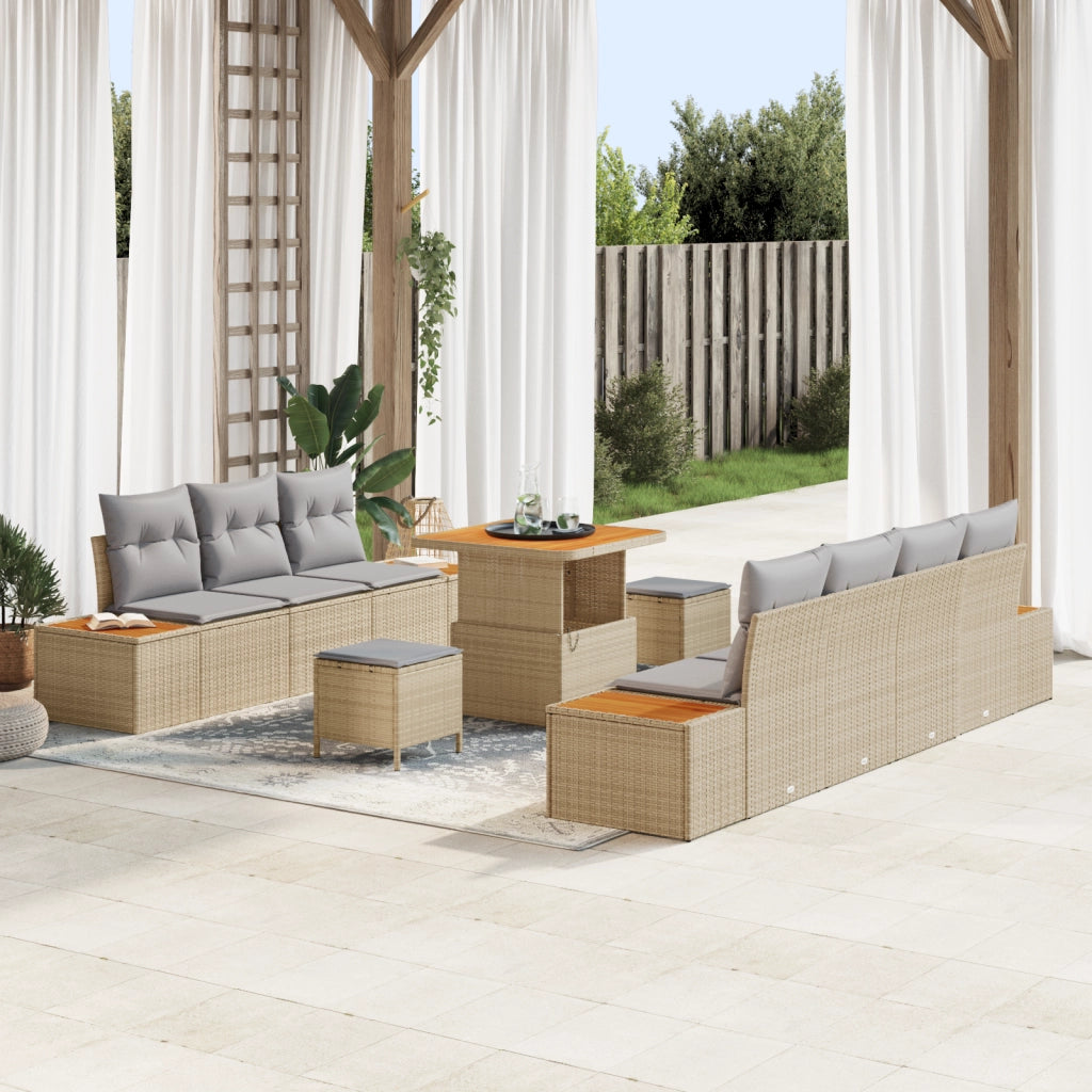 Set divani giardino 10 pezzi con cuscini beige in rattan sintetico e acacia