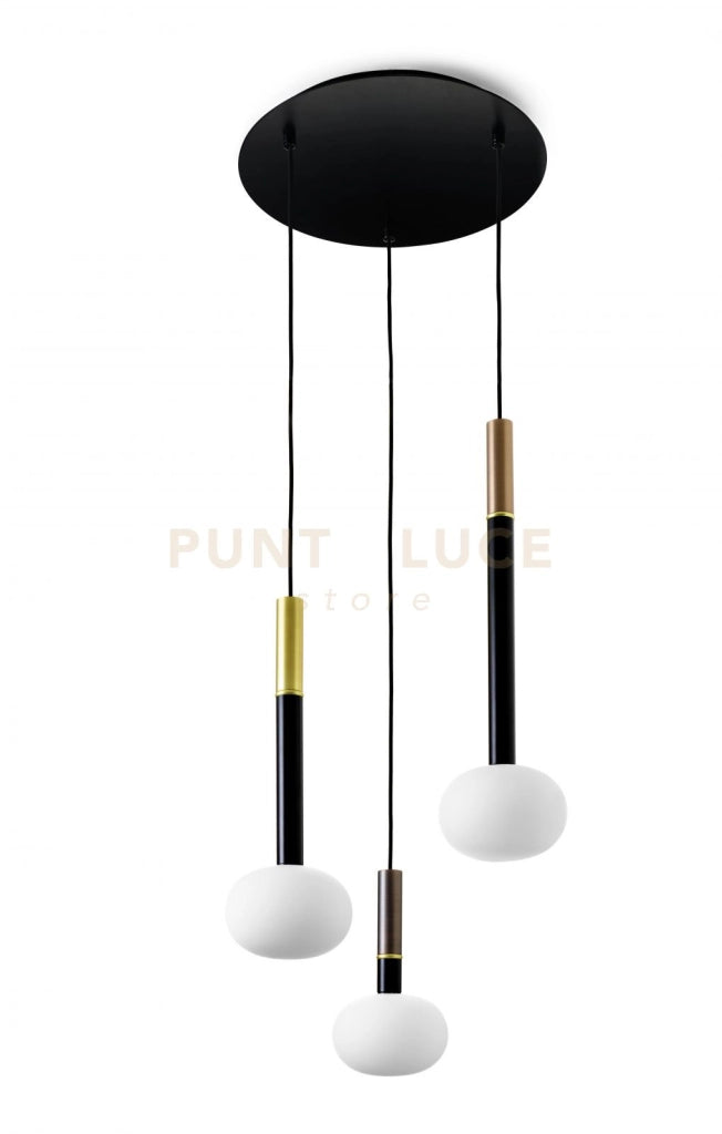 MOSE LAMPADARIO SOSPENSIONE 3 LUCI DIAM.35 METALLO VERNICIATO NERO  VETRO BIANCO ATTACCO G9