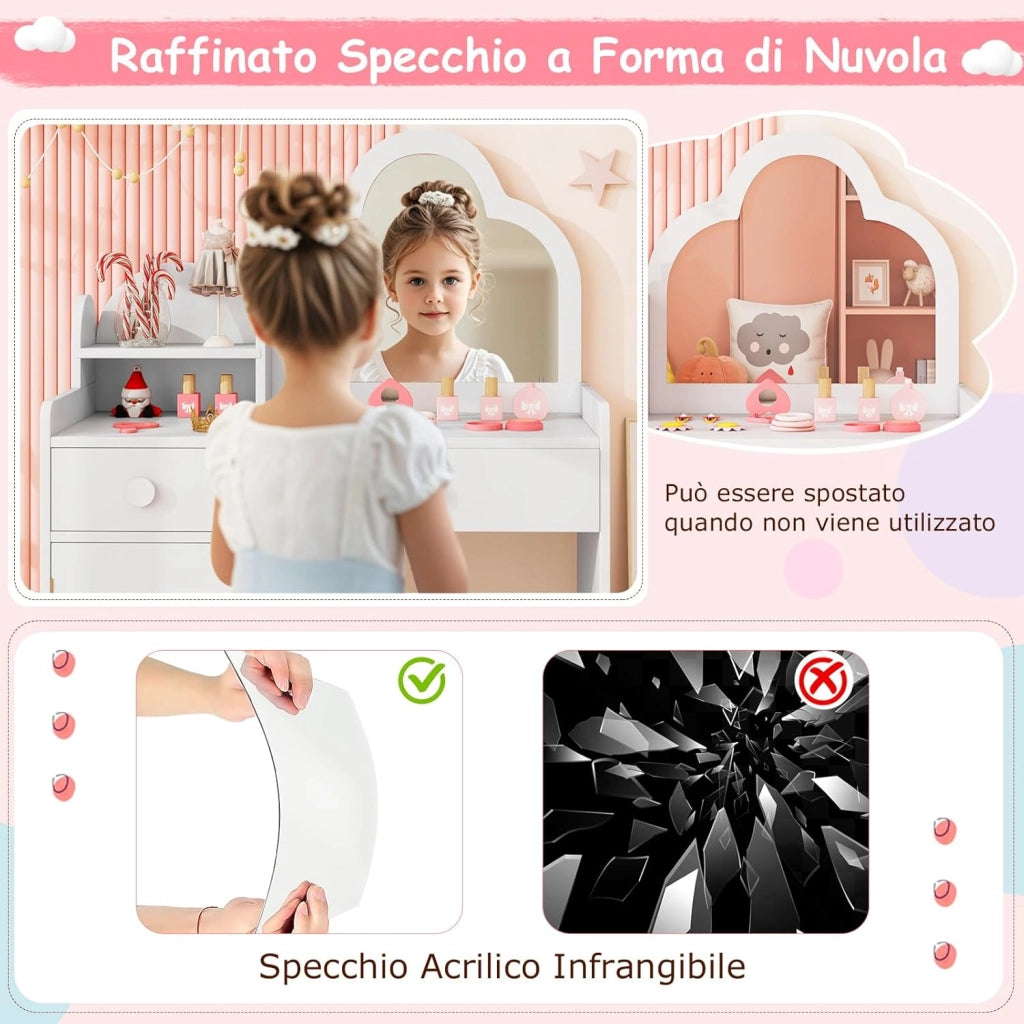 Set Toeletta Trucco per Bambina con Sedia, Tavolo Trucco Specchio a Nuvola Staccabile, Postazione Trucco con Ante e 2 Cassetti, per Bambine 3-7 Anni, Bianco