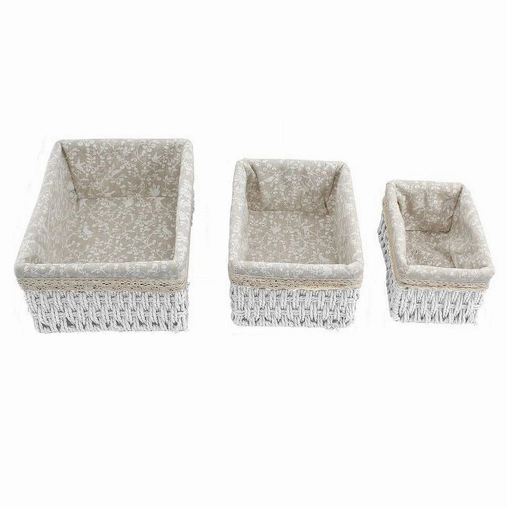Trade Shop - Set 3 Pz Porta Oggetti Organizer Cestino Bianco Intrecciato Fodera Tessuto 79156 -