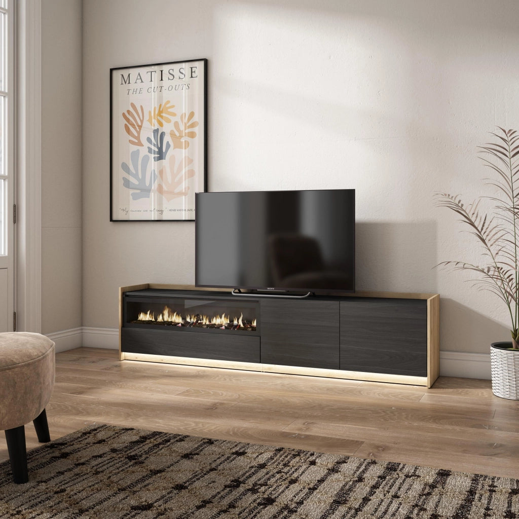 Mobile TV Soggiorno, 207x50x37 cm, Per TV fino a 80", Camino elettrico, LED, Nero e rovere