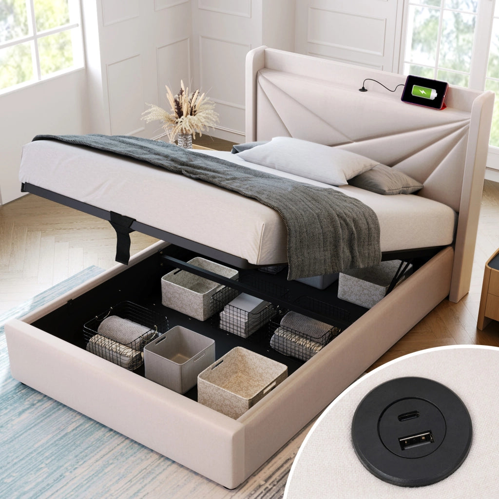 OKWISH Letto Contenitore 90×200 cm, Letto Singolo con USB, Tipo C e Testiera, senza Materasso, in Lino Cotone, Beige