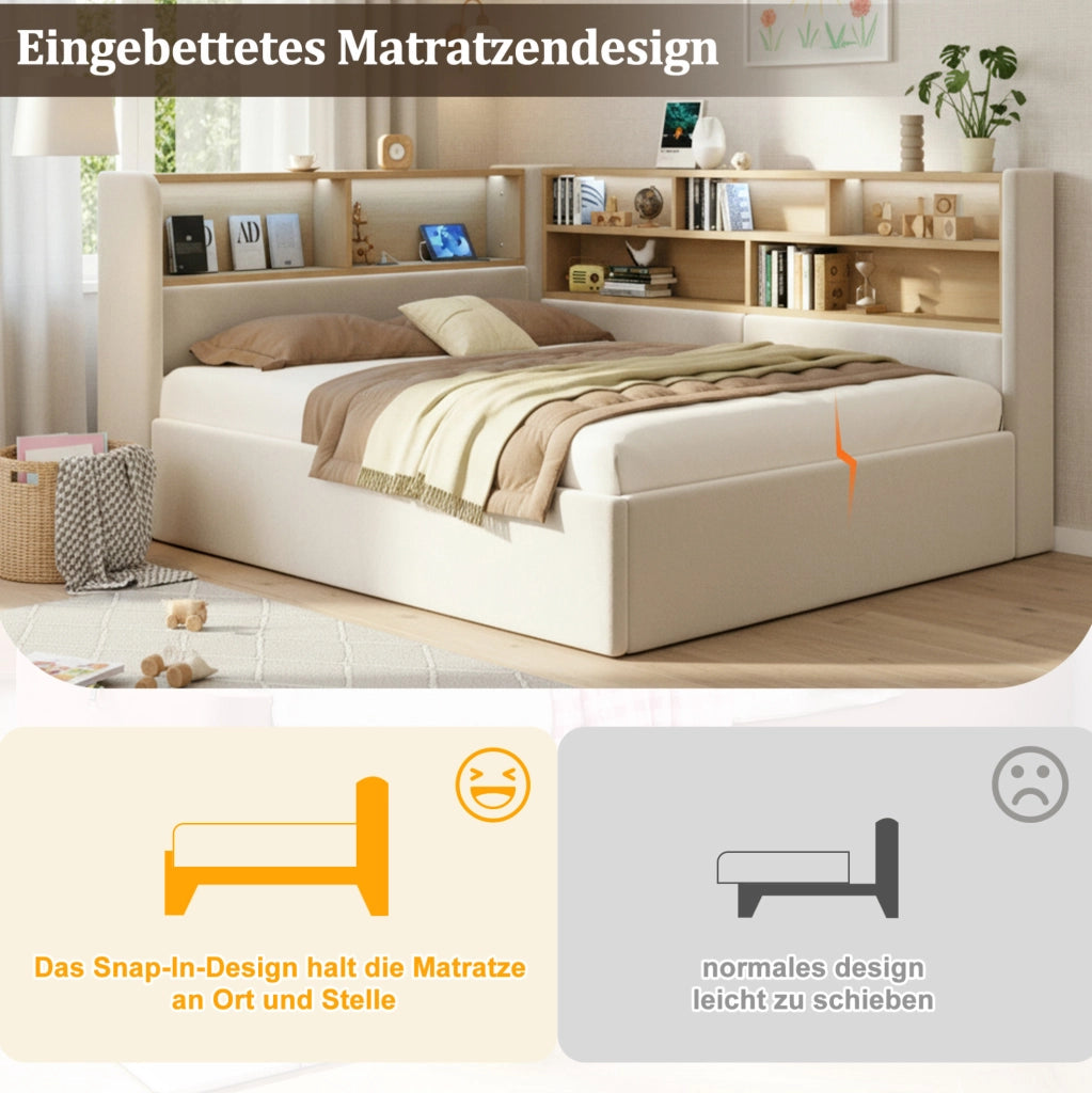 Letto imbottito beige con vano contenitore, LED e ricarica
