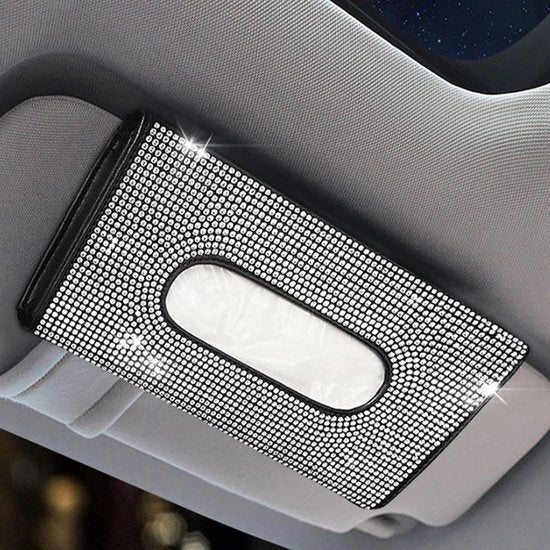 Scatola per fazzoletti in pelle PU nera - Scatola per auto - Supporto da tavolo - Manufatto artigianale - Elegante con pietre di strass - Dimensioni 22,5 x 12 cm