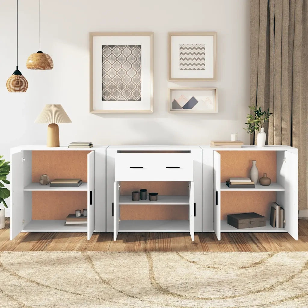 Credenze 3 pz | Madia | Buffet da pranzo | Armadio da pranzo Bianco in Legno Multistrato