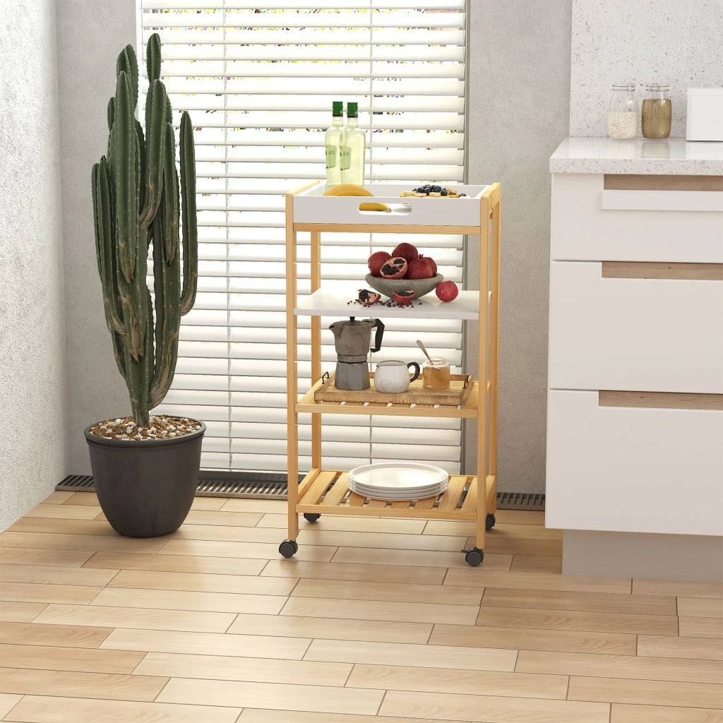 Carrello da Cucina a 4 Livelli ¨C zephmum ¨C Bianco e Marrone, MDF e Legno di Pino, 40x30x76 cm