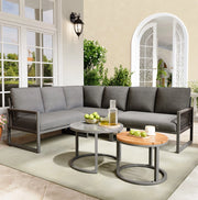 Set lounge da giardino grigio con divani; 2 tavolini e cuscini; metallo e poliestere