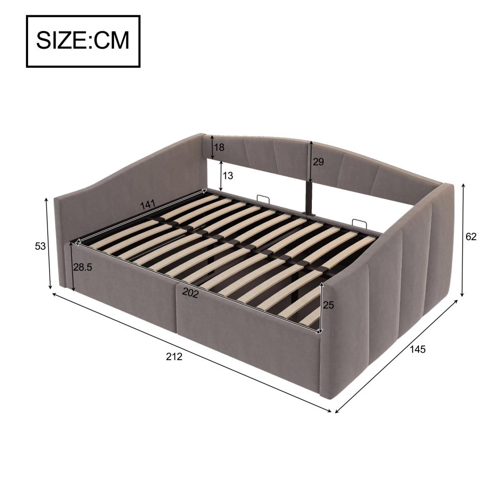 Divano letto imbottito 140x200 cm con contenitore idraulico; velluto grigio; rete a doghe