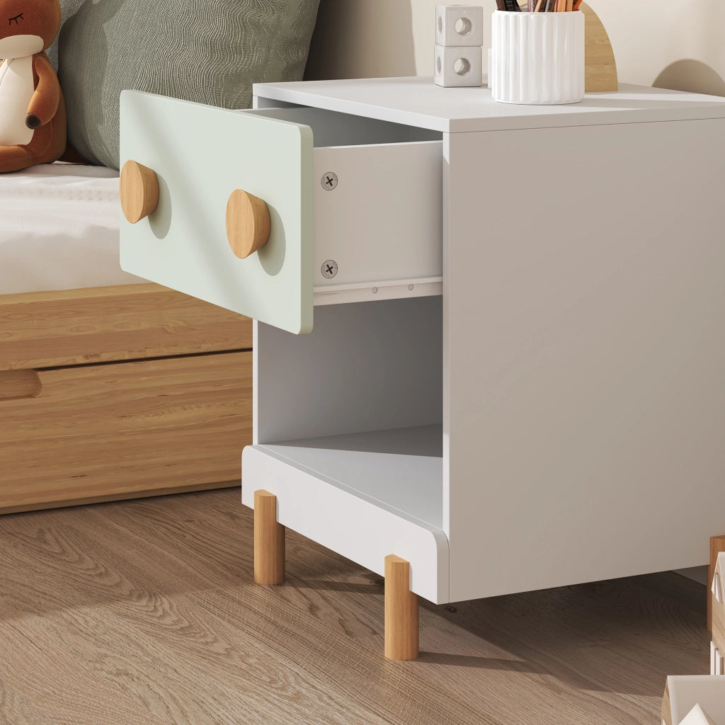 Comodino per Cameretta Vaarentaa con Cassetto e Scomparto Aperto 47x40x35 cm - Bianco/Verde Menta [en.casa]