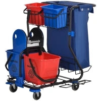 Carrello Pulizie con Sacco per Immondizia, 4 Secchi e Strizzatore per Mocio, 93x80x97 cm, Rosso Blu e Nero