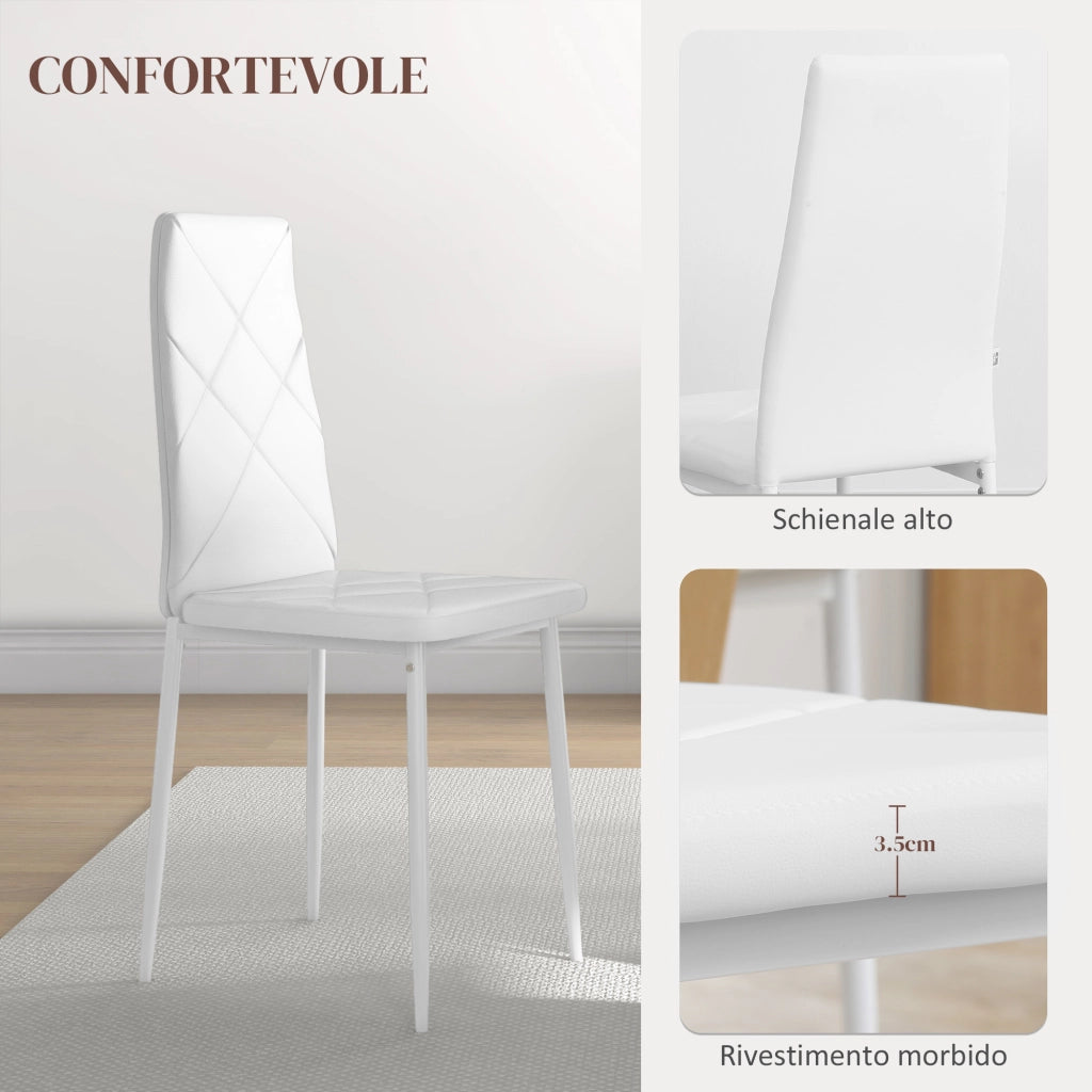 Set di 2 Sedie da Pranzo Moderne con Schienale Alto in Finta Pelle e Acciaio, 41x50x97 cm, Bianco