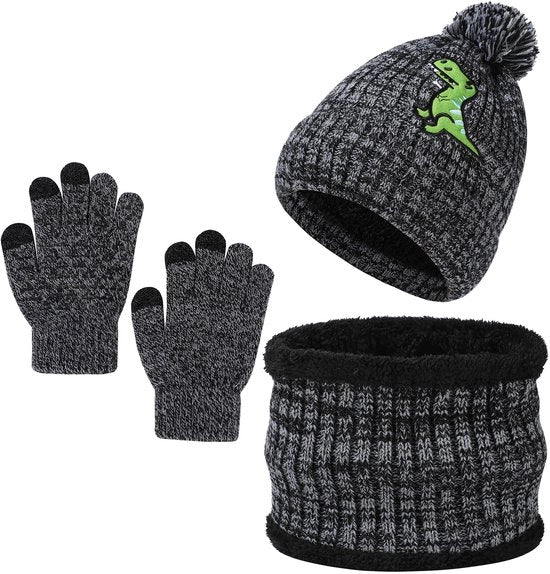 Set di calzamaglie, cappello e guanti 3 in 1 - cappello caldo e soffice - set di calzamaglie per bambini - disegno dinosauro - guanti spessi e stesi - sciarpa imbottita in fleece - adatto a bambini di 5 a 10 anni