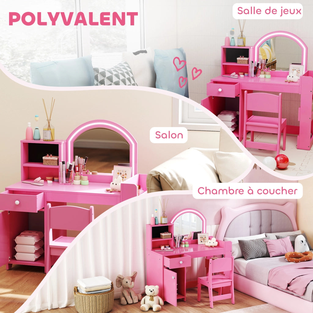 Tavolo da trucco bambini con sgabello e specchio LED ¨C zephmum ¨C rosa 88,6x38,8x96,9 cm