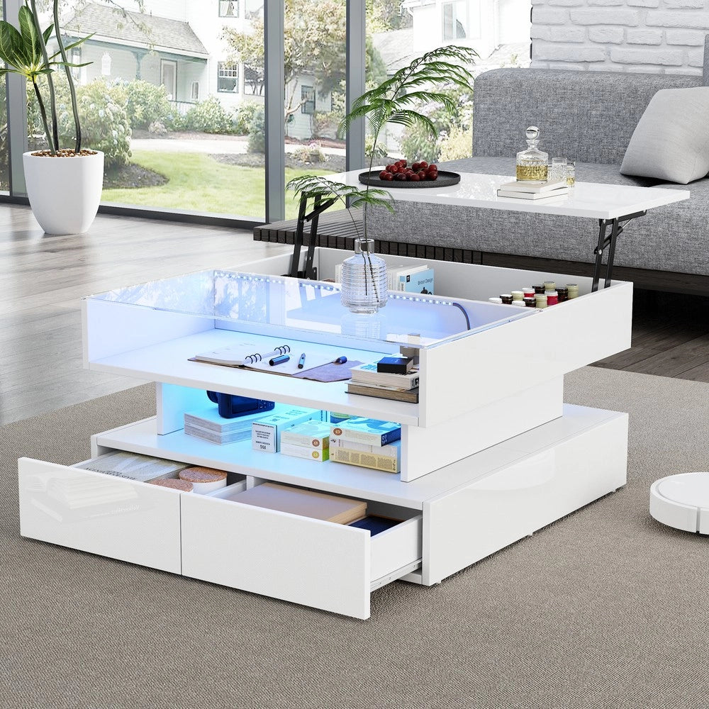 Tavolino da Caff¨¨ con LED e 2 Cassetti ¨C MINIMAL ¨C Vetro Temperato Bianco Lucido 80x80x45