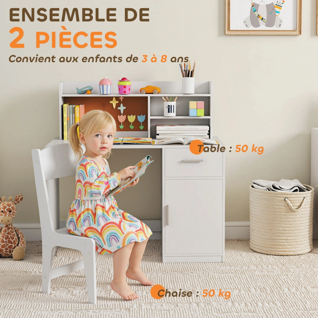 Scrivania bambini con sedia, cassetto, scaffale e lavagna in sughero ¨C zephmum ¨C bianco